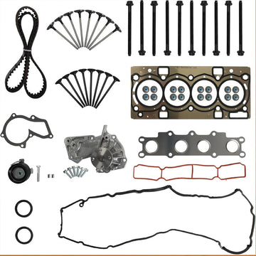 1.6L EcoBoost head gasket set with timing belt kit and water pump for Ford 2013, complete engine repair package laid out on clean background.