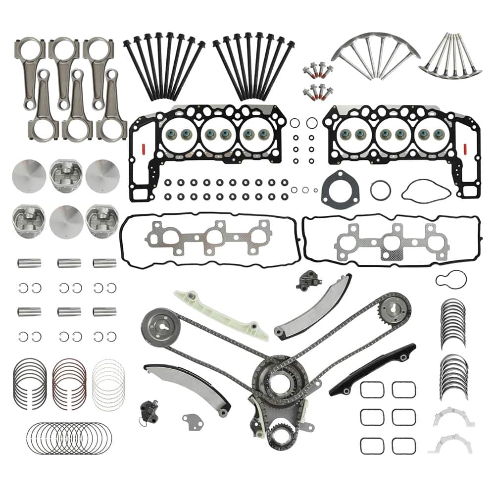 3.7L V6 engine rebuild kit including head gasket set, timing chain, piston connecting rods and engine bearings
