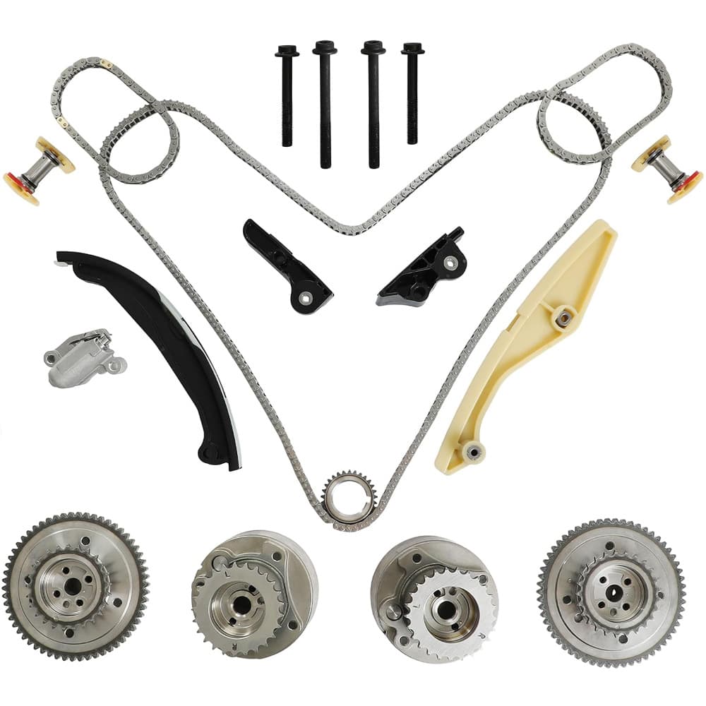 90738S 3.5L 3.7L timing chain kit with VVT gear for Ford 2011-2018, complete set including chains, guides, tensioners, and cam phasers laid out on clean background.