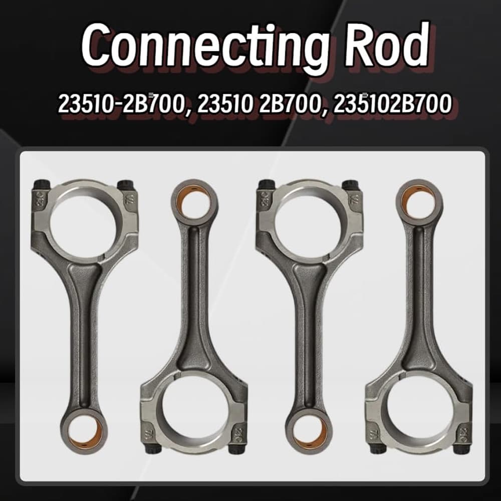 Close-up of precision-machined crankshaft, forged connecting rods and piston set for Hyundai Kia G4FJ 1.6L T-GDI engine, replacement bottom end components.