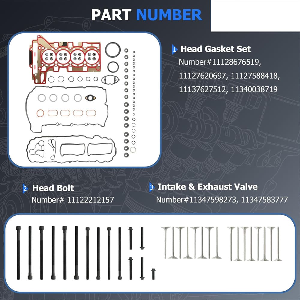 N20 2.0T Cylinder Head Gasket Bolts Intake Exhaust Valves Fit BMW X1 X3 X5 Z4 320i 328i 12-17
