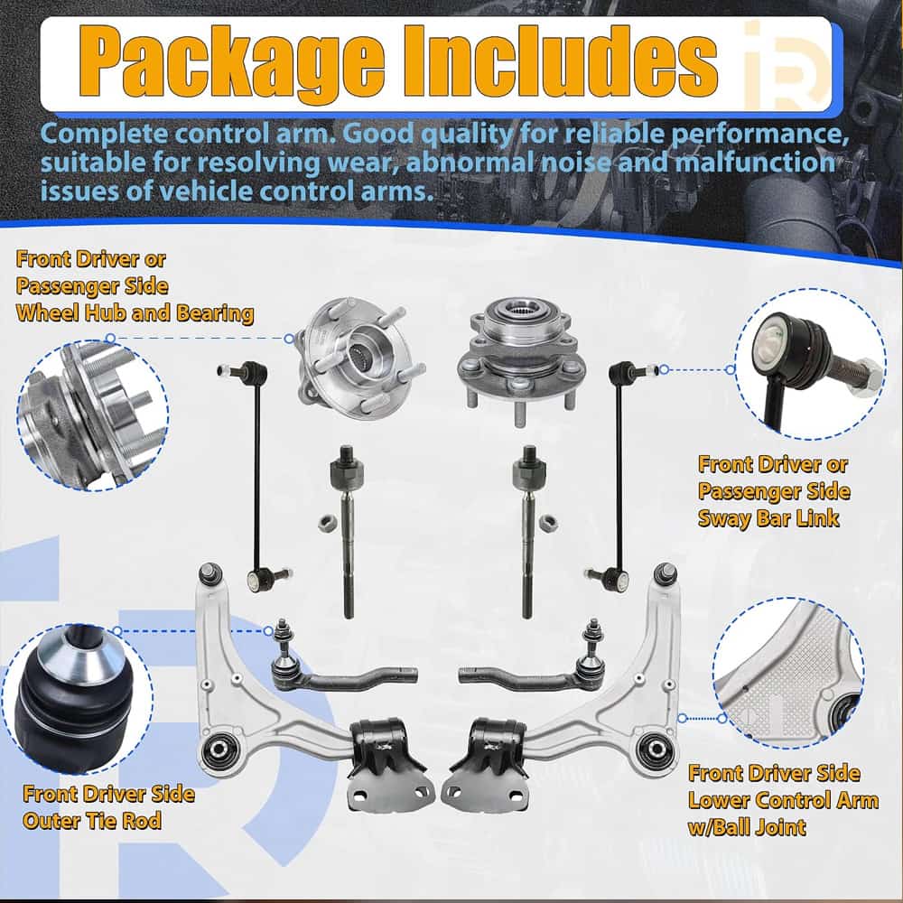 Heavy-Duty 10PCS Front Suspension Kit for Ford Fusion & Lincoln MKZ. Made of high-strength, heat-treated material for maximum durability. Includes control arms, wheel hubs, tie rods, and sway bar links to fix clunking noises and shaky steering.