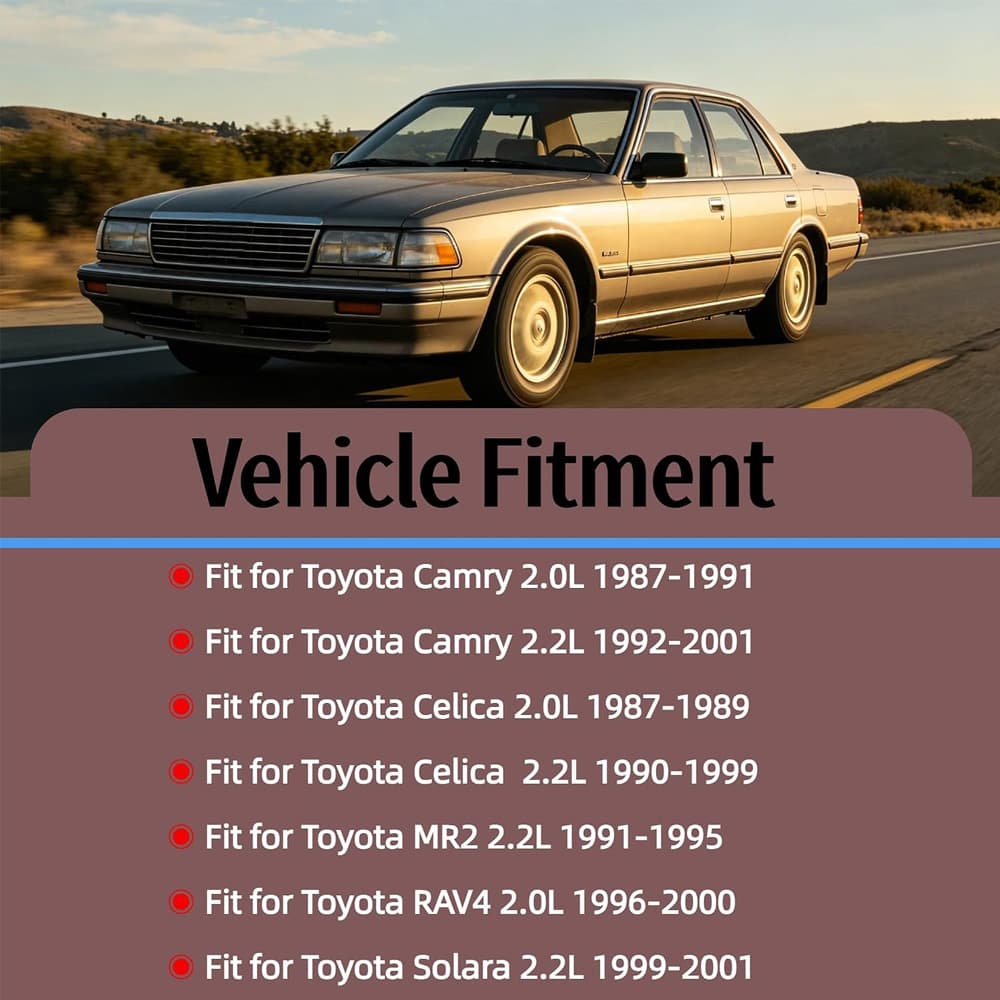 Direct-fit timing belt kit including water pump for Toyota 3S-FE and 5S-FE 4-cylinder engines, covering 1987 through 2001 model years of Camry and RAV4 for accurate fitment and dependable performance.