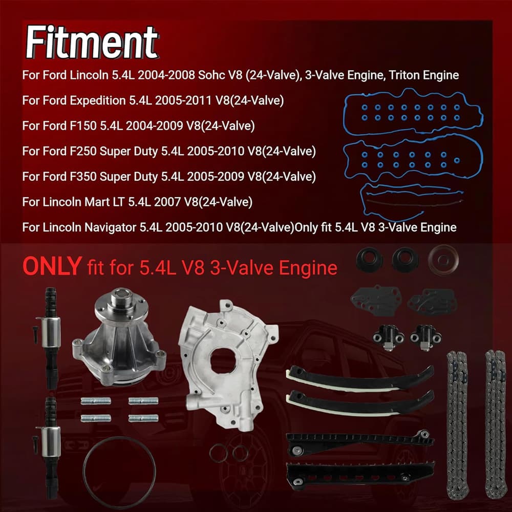 All-in-one repair kit with timing chain assembly, water pump, oil pump, VVT phasers & solenoid valves for 5.4L 3V Triton V8, fixes timing rattle, overheating and low oil pressure. 1-year warranty & free shipping.
