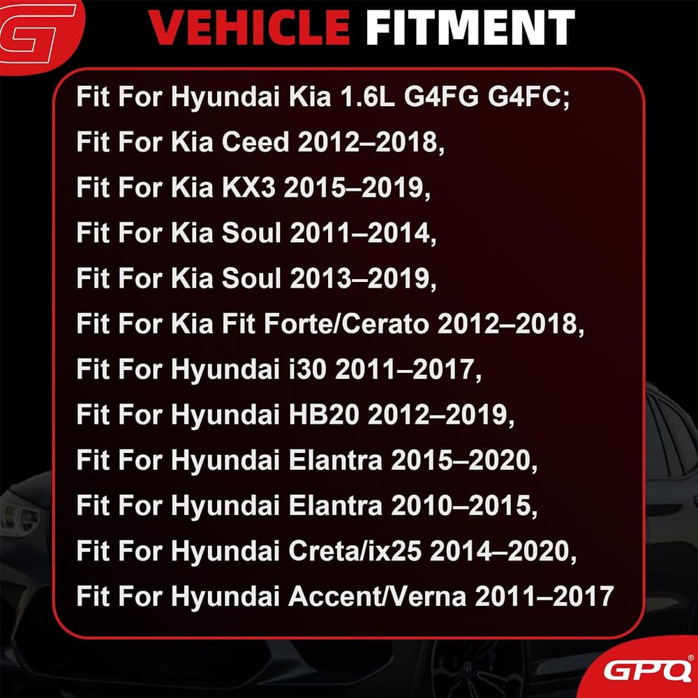 Complete G4FG 1.6‑liter Gamma engine rebuild kit, includes head gasket set, timing‑chain, VVT, crankshaft, connecting‑rods & piston rings. Fits Hyundai Accent Veloster Elantra, Kia Soul Seltos 2010‑2020.
