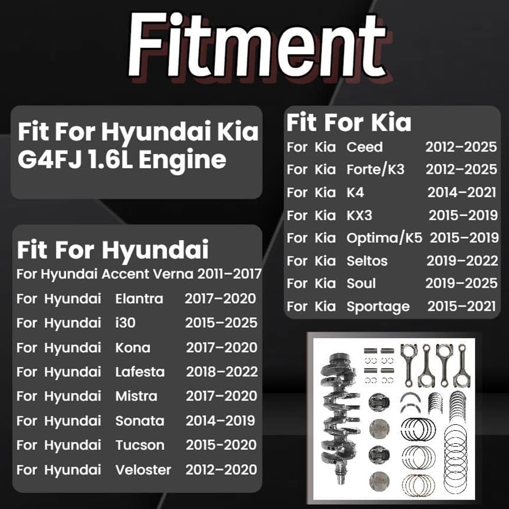 Complete G4FJ 1.6L bottom end rebuild kit with crankshaft, pistons and connecting rods for Hyundai Kia, designed to restore compression and resolve engine wear issues.