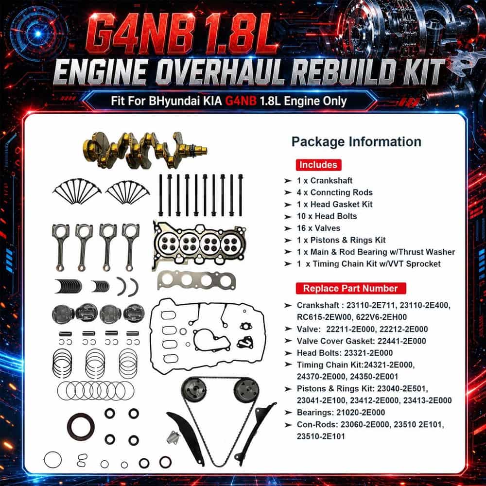 G4NB 1.8L Engine Rebuild Kit With Crankshaft Pistons Rings Connecting Rods Bearings Timing Chain VVT Sprocket Valves