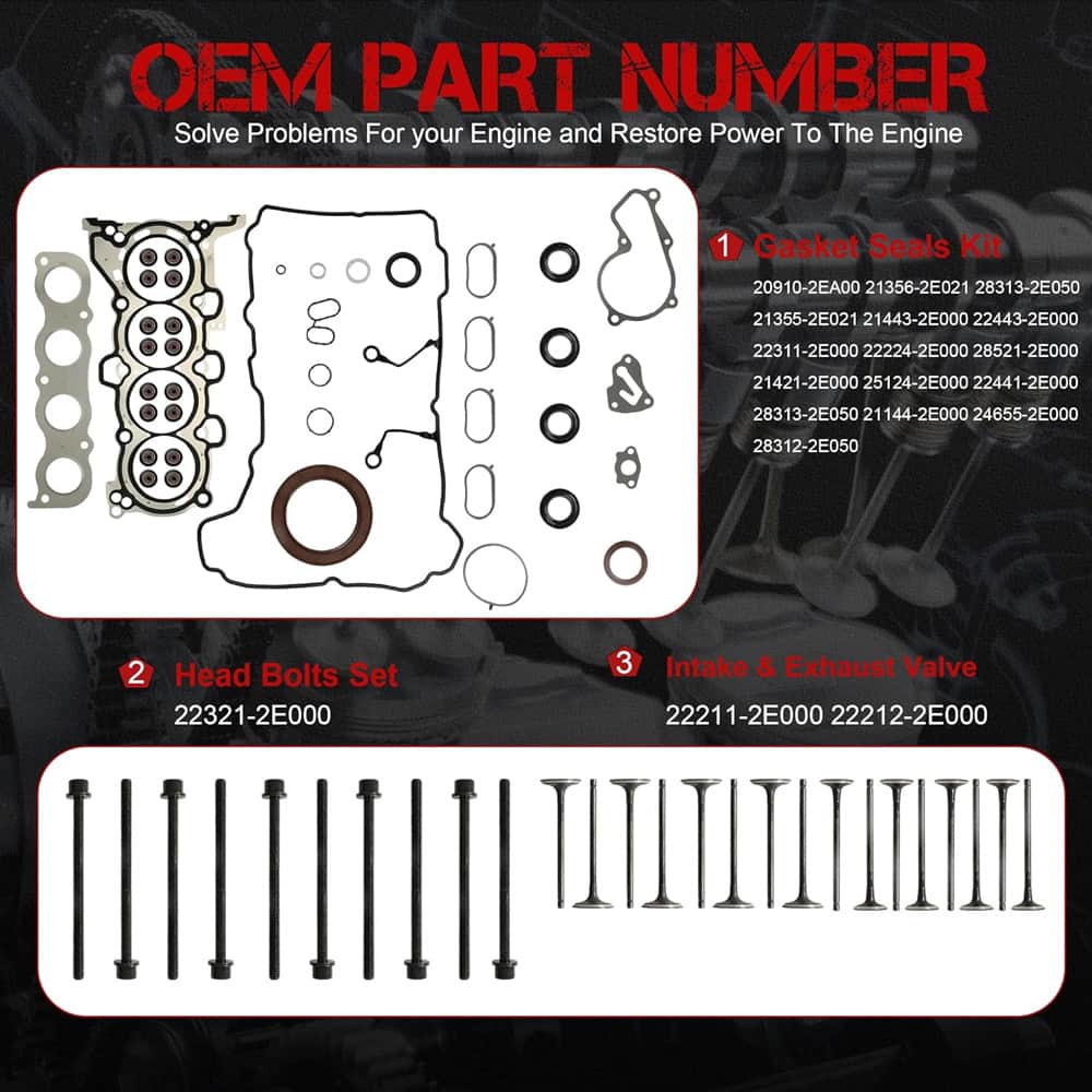 Full Gasket Set Head Bolts Intake Exhaust Valves Fit Hyundai Kia G4NC 2.0L Engine
