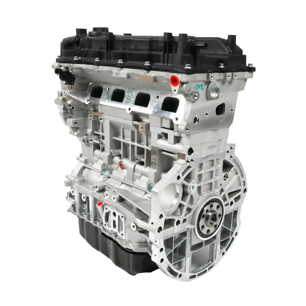 Theta II G4KE 2.4L long block assembly compatible with Hyundai and Kia models produced between 2007 and 2021