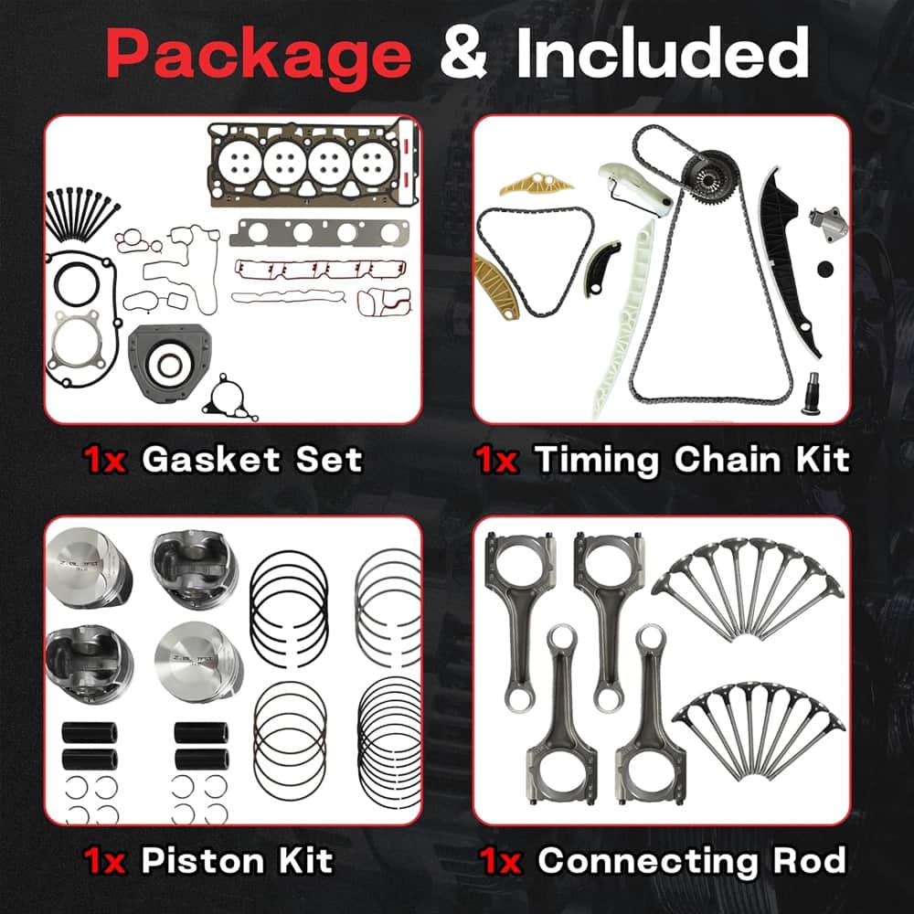Complete EA888 2.0T overhaul parts, piston assembly, timing chain, gaskets and engine seals