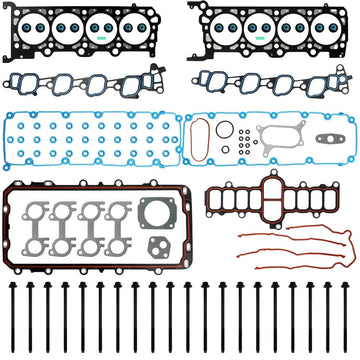 HS9790PT15 head gasket set with ES72798 head bolts for Ford 5.4L 2V 2000-2004, complete kit laid out on clean background showing all gaskets and hardware.