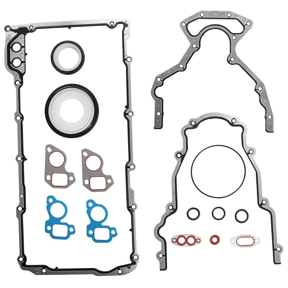 Lower gasket set designed for Chevrolet, Buick, and GMC vehicles equipped with 4.8L, 5.3L, 5.7L, 6.0L, and 6.2L LS-series V8 engines, providing essential sealing components for the lower engine assembly.