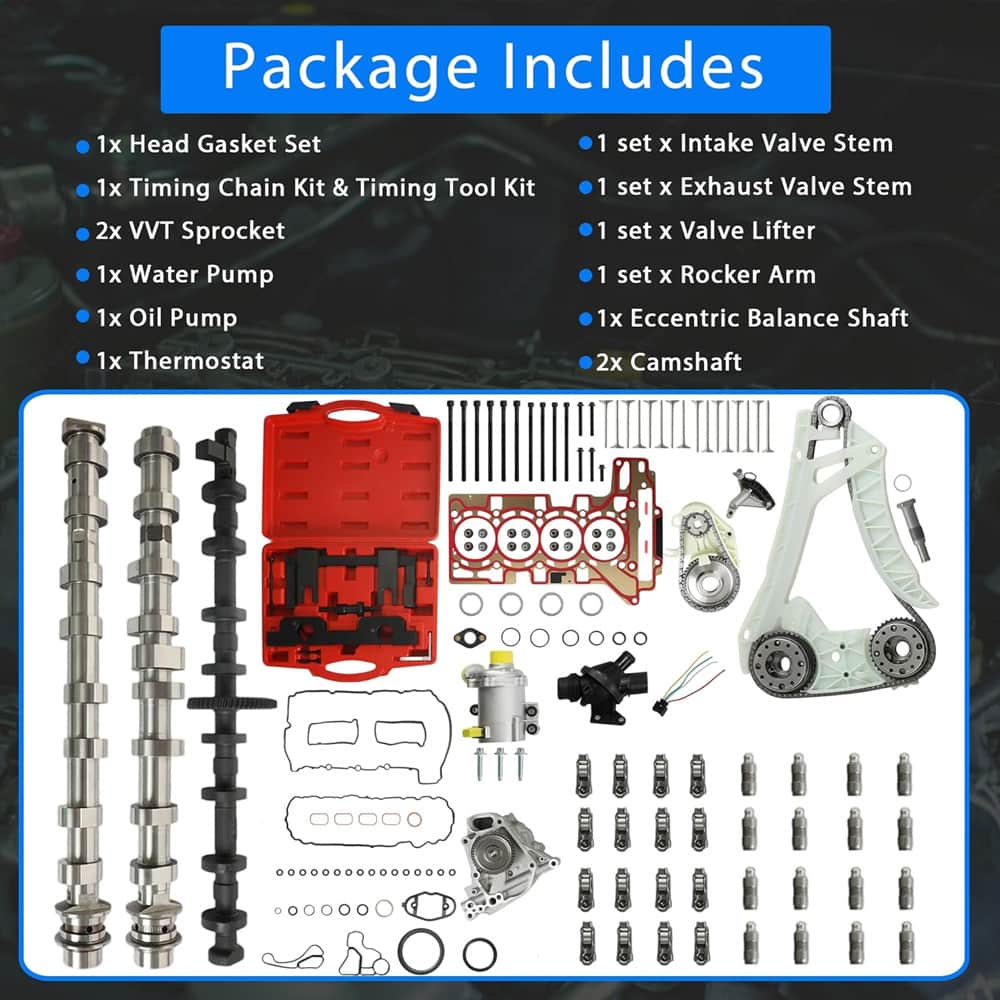 BMW N20 engine repair overhaul parts: timing chain,VVT timing tool,camshaft,valve rocker arm,water pump,oil pump