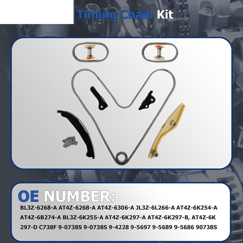 Timing chain kit paired with water pump for Ford & Lincoln 3.5/3.7L V6, resolve timing issues and coolant leakage. 1-Year Warranty & Free Shipping.

