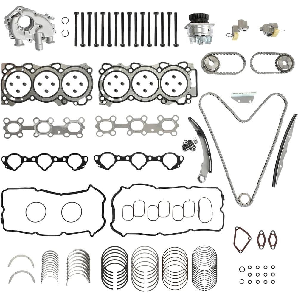 VQ40DE 4.0L Timing Chain Kit Water Oil Pump Head Gasket Bolts Piston Rings Fit Nissan Frontier Xterra 05-15 OE 13091-ZK00A
