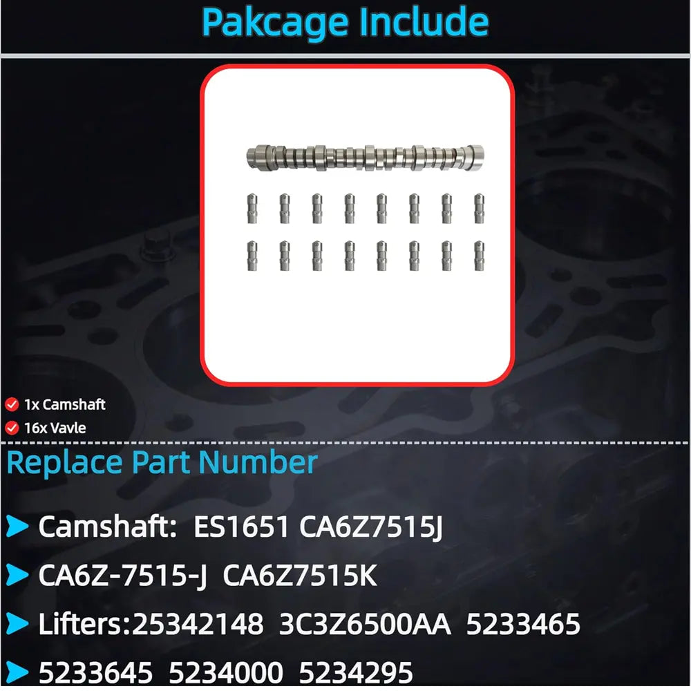 Package includes 1 camshaft and 16 valve lifters, fits Ford 6.4L diesel engines