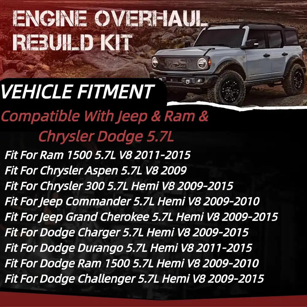 Vehicle Fitment Compatibility Chart For 5.7L Hemi V8 Engine Rebuild Kit Jeep Ram Dodge Chrysler