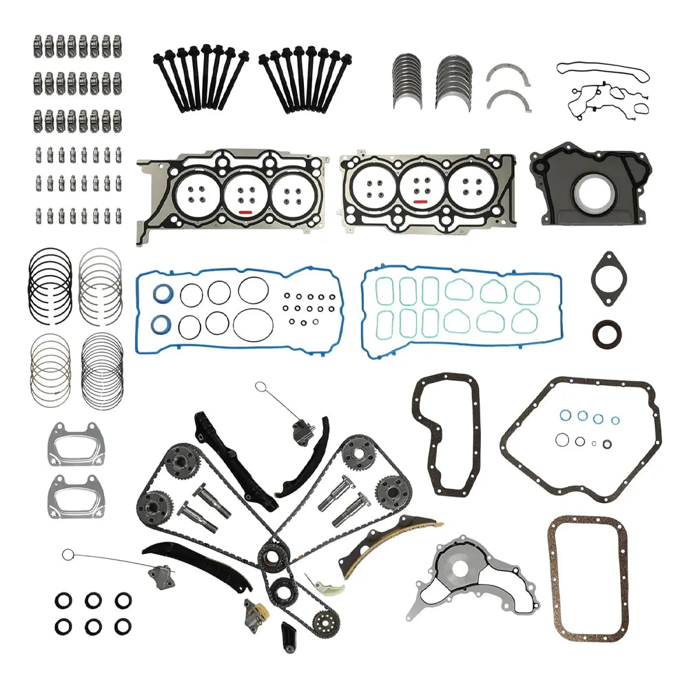 Full 3.6L V6 Pentastar engine rebuild kit including timing chain set, gaskets, piston rings, head bolts, lifters and rocker arms