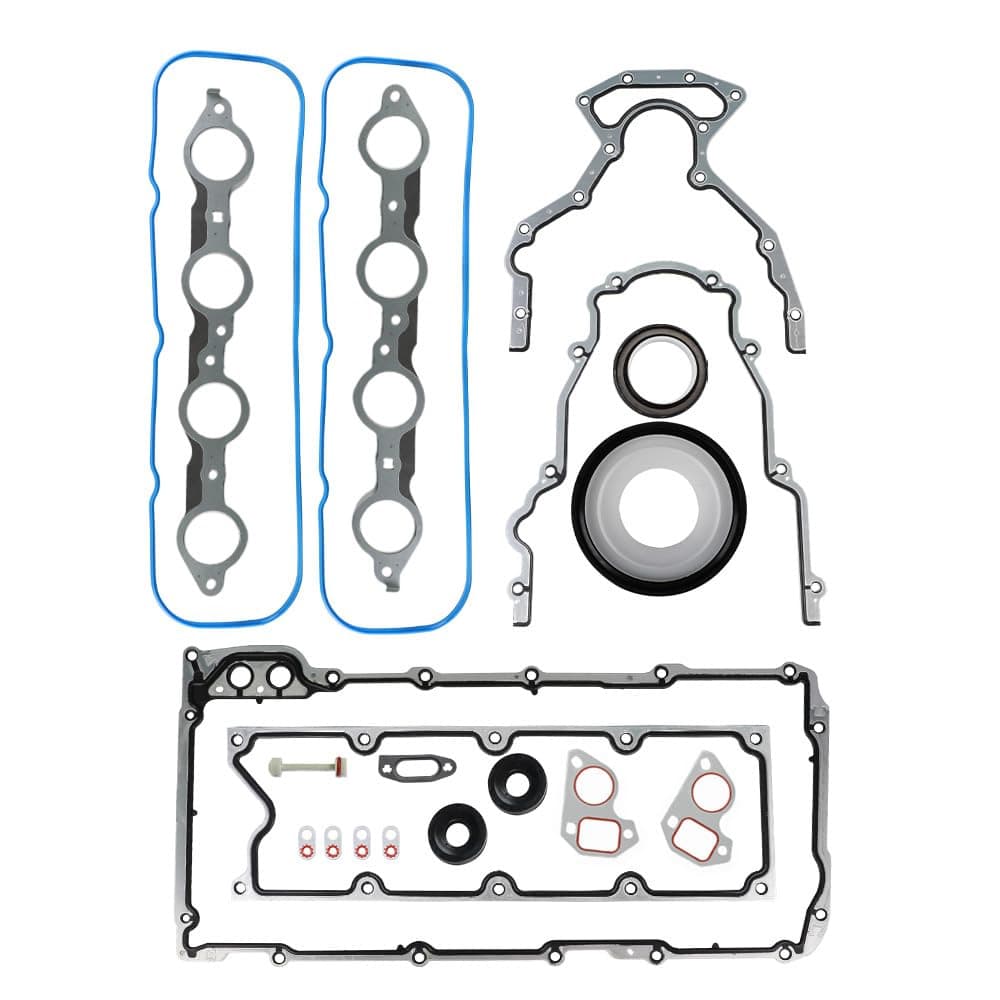 Multi-piece gasket kit containing oil pan, Gen III valley cover, and front timing cover gaskets for comprehensive engine sealing and leak prevention.