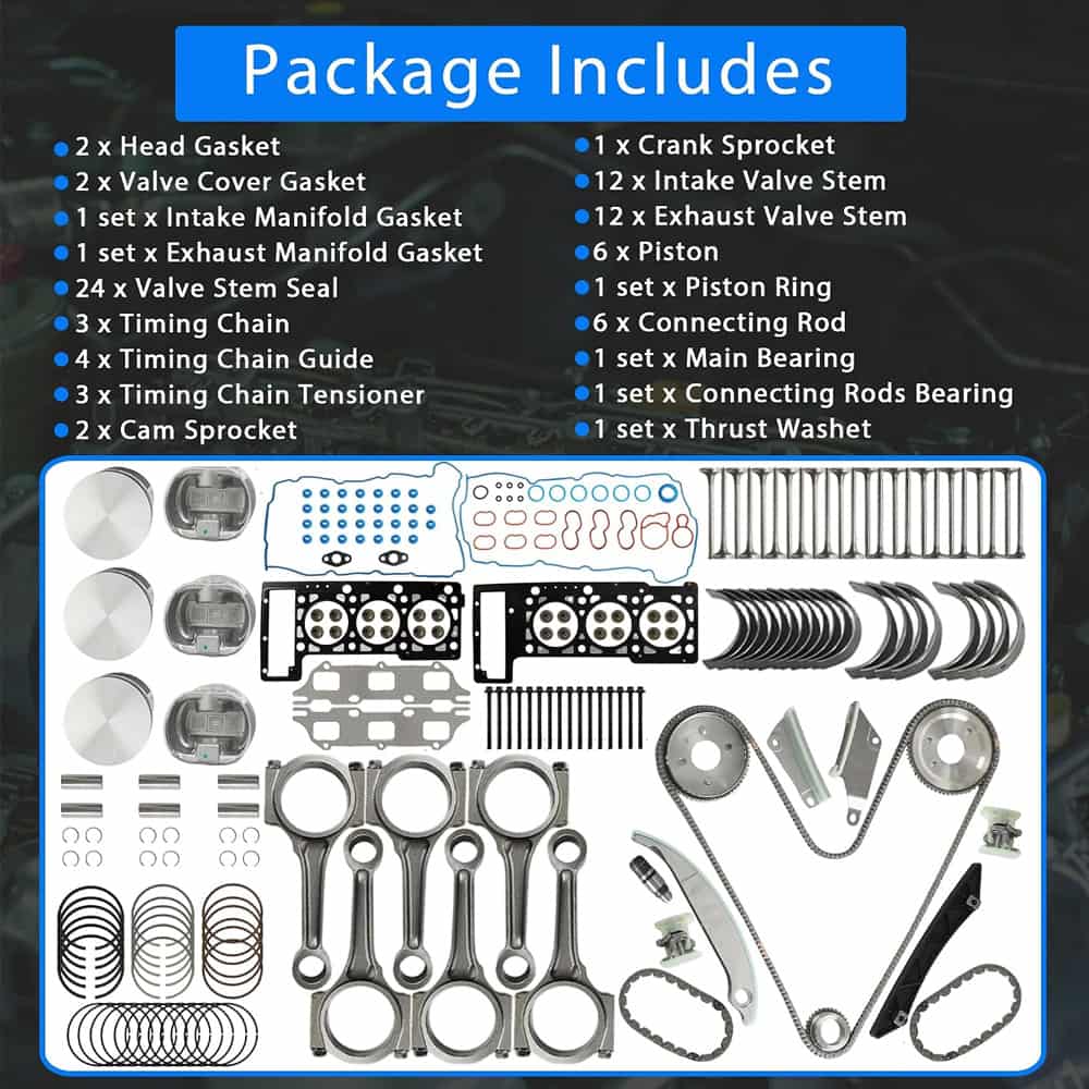 Complete 2.7L V6 rebuild kit with head gasket, timing chain, piston kit, connecting rod, bearings and valves. Fits Chrysler 300, Sebring, Avenger, Dodge Charger 2009‑2010.