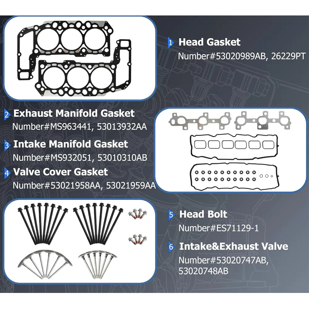 Cylinder Head Gasket Manifold Gasket Valve Cover Gasket Head Bolt Intake Exhaust Valve Kit OE#53020989AB For Dodge Jeep 3.7L V6