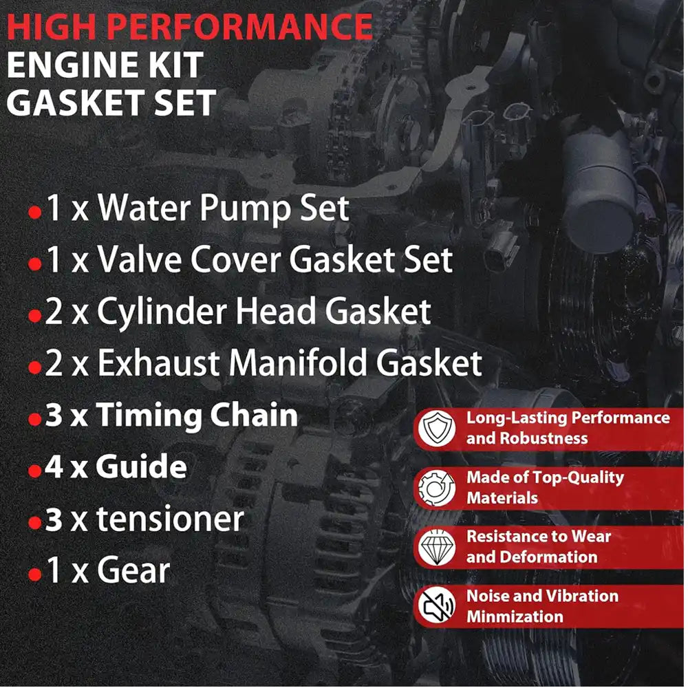 High Performance Engine Gasket Kit Components: Timing Chain, Water Pump, Head Gaskets, Tensioners & Guides