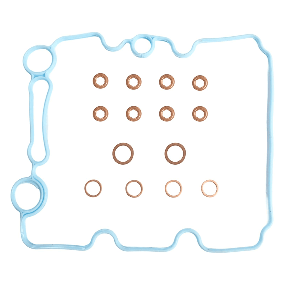 Engine valve cover gasket kit with silicone main gasket and copper sealing washers for engine sealing repair.