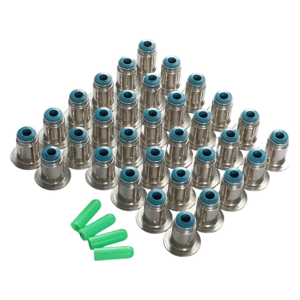 High-performance engine valve stem seal set with metal FKM seals & installation protectors, for valve stem sealing to prevent oil leakage.